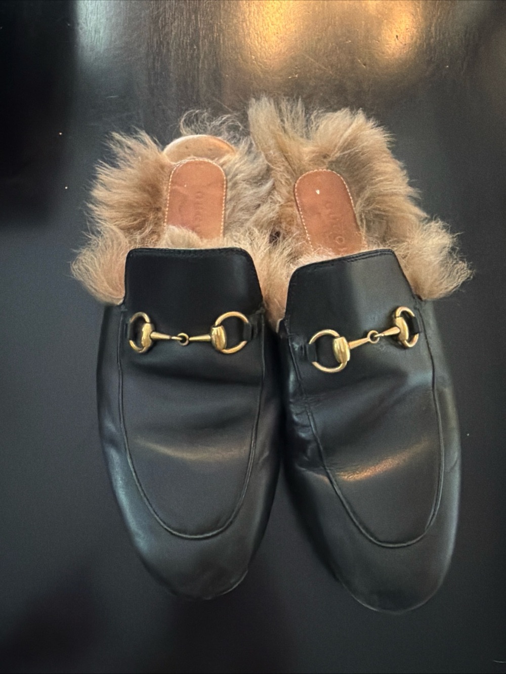Gucci  Black Leather Fur-Lined Mule with Gold Horsebit Princeton 37